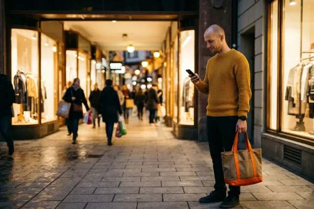 Muž v obchodní pasáži za večerního šera porovnává ceny na telefonu, v ruce nese plátěnou nákupní tašku.
